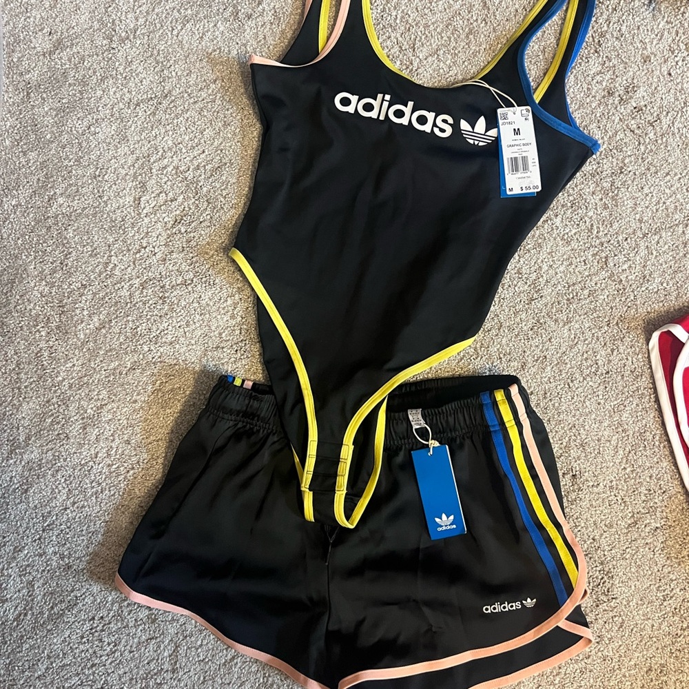Adidas 2 pc set Shorts and Body suit top with Blue and Yellow Stripes sz Medium